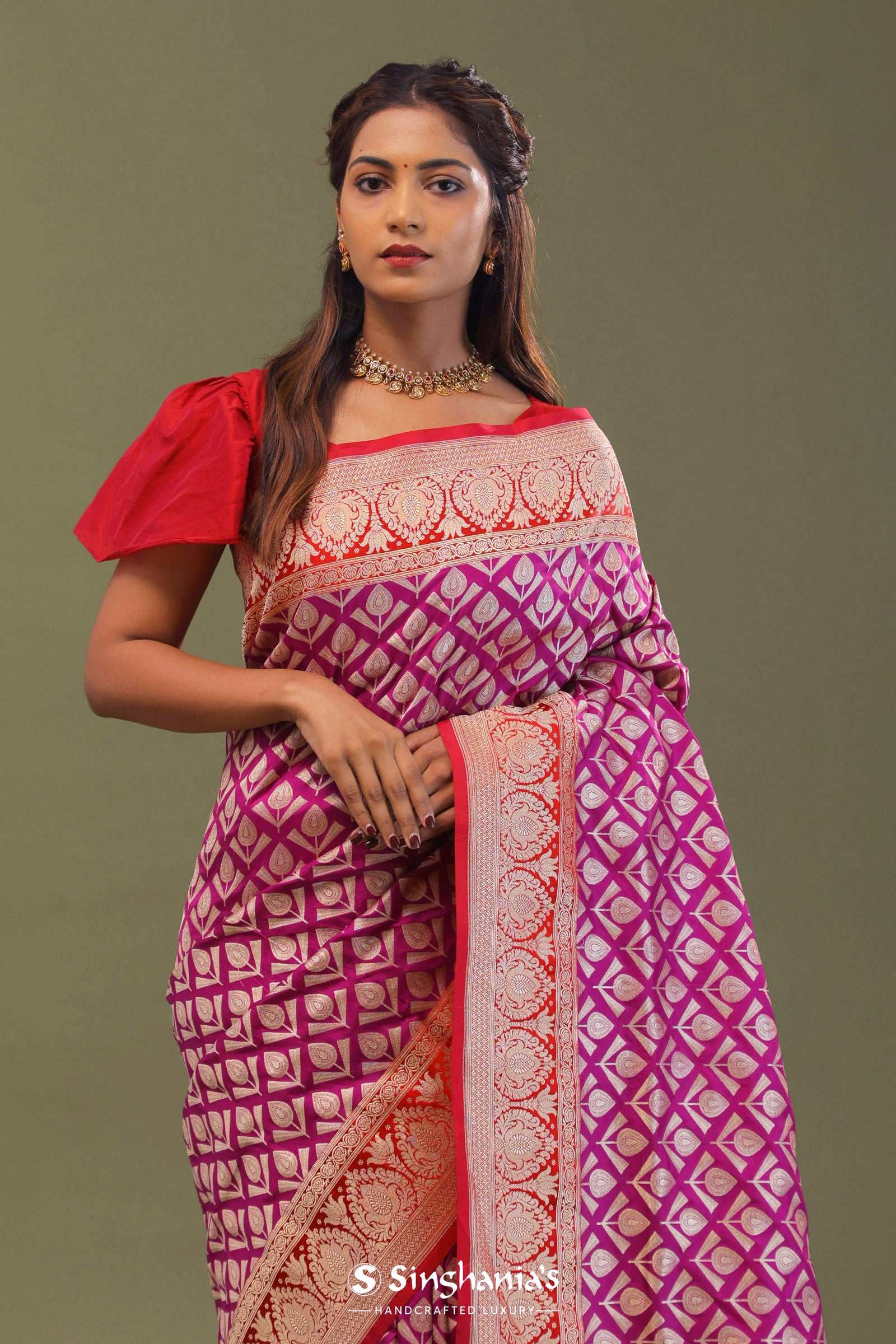Magenta Banarasi Saree With Contrast Brick Red Border