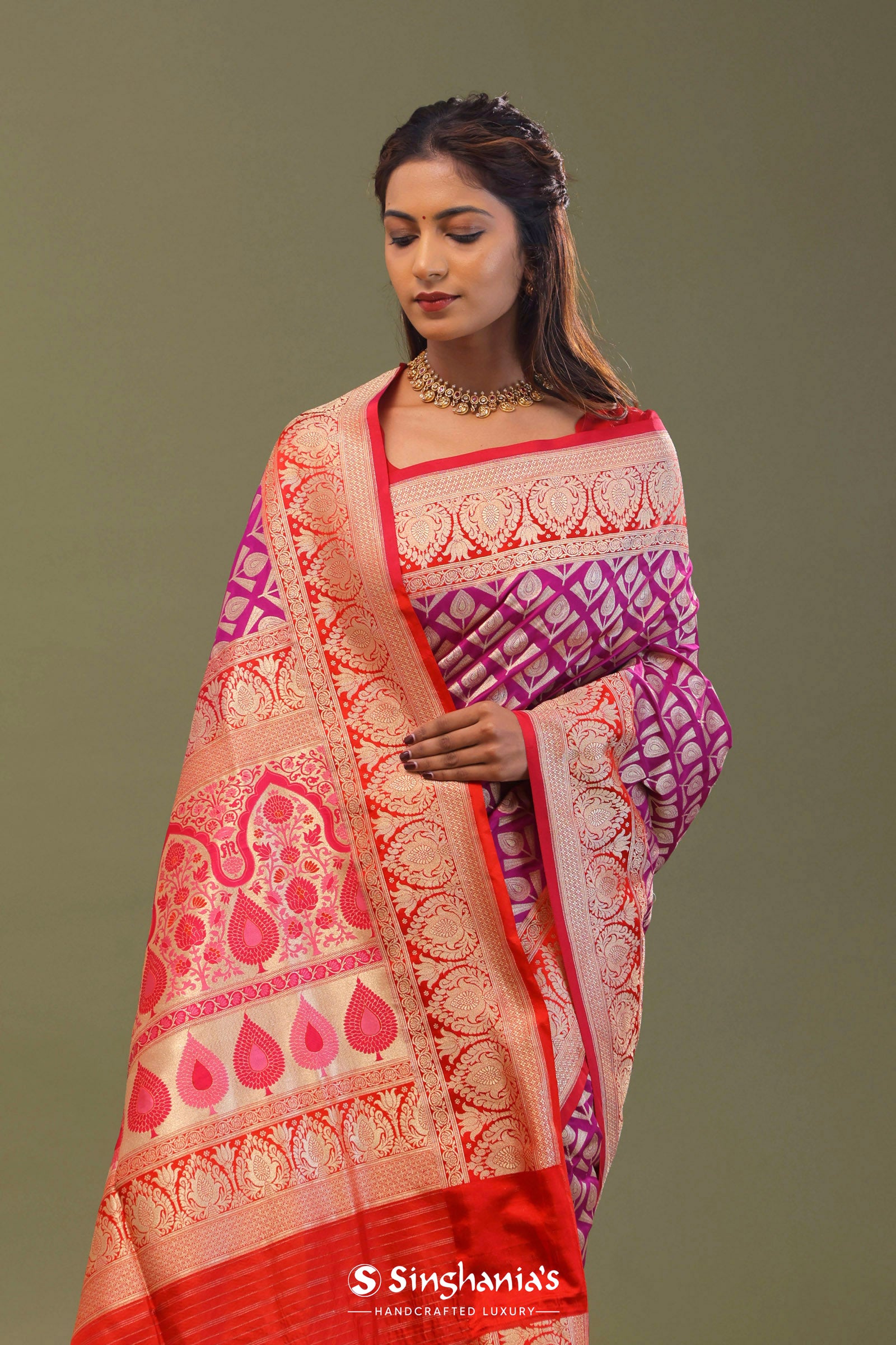 Magenta Banarasi Saree With Contrast Brick Red Border