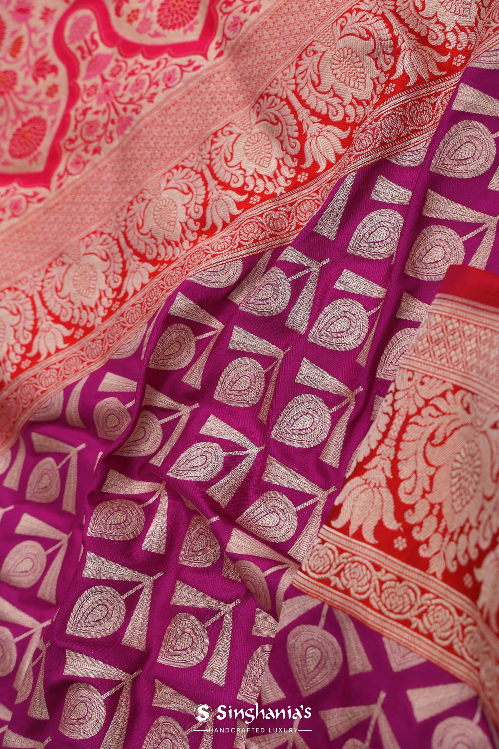 Magenta Banarasi Saree With Contrast Brick Red Border