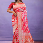 Pink Banarasi Silk Saree With Gold Zari Border And Jaal Design