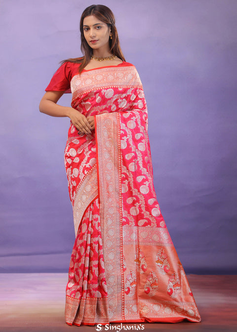 <img> Pink Banarasi Silk Saree With Gold Zari Border And Jaal Design