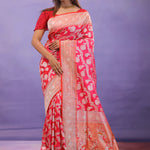 Pink Banarasi Silk Saree With Gold Zari Border And Jaal Design