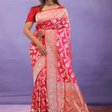 Pink Banarasi Silk Saree With Gold Zari Border And Jaal Design
