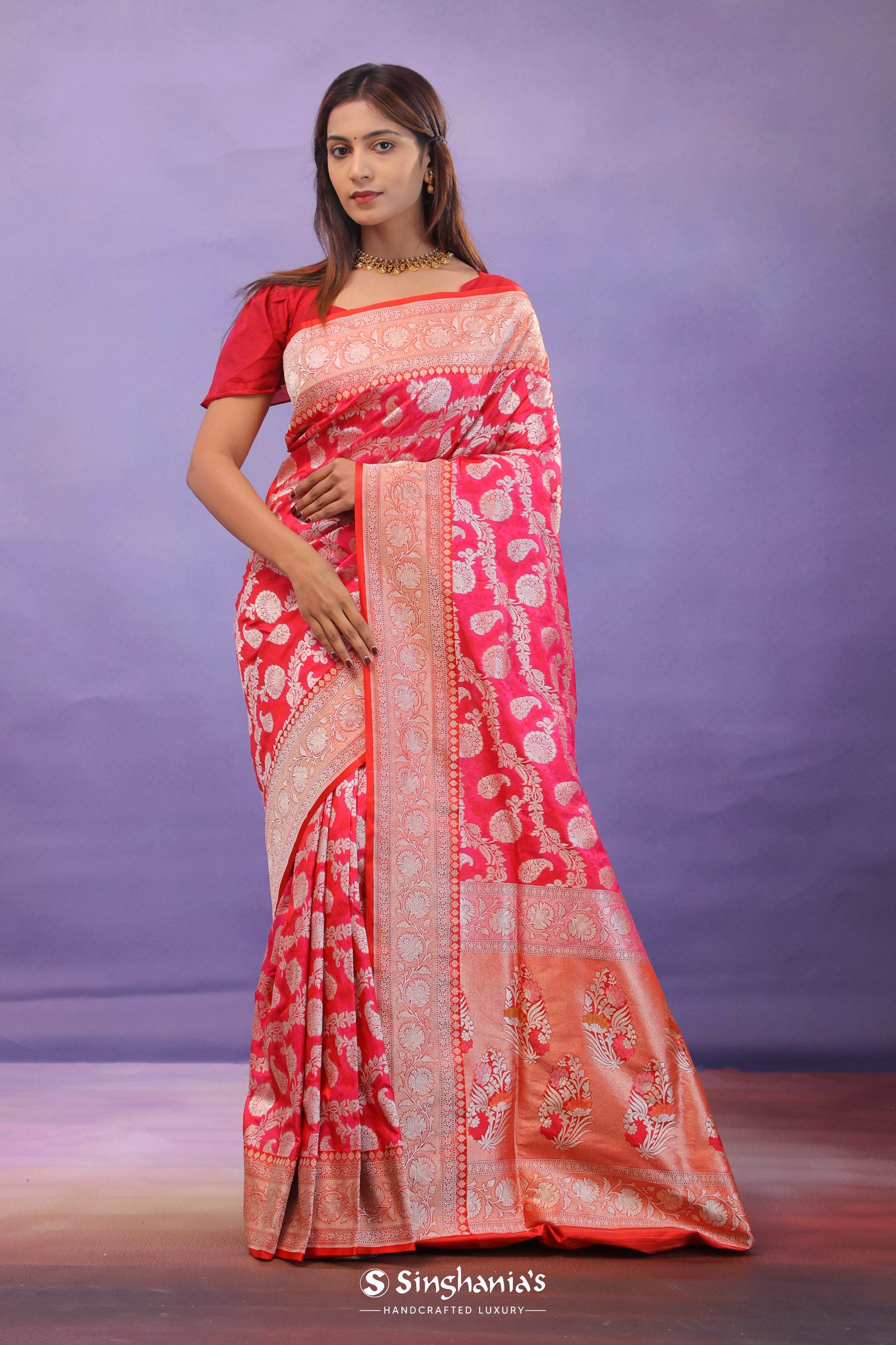 Pink Banarasi Silk Saree With Gold Zari Border And Jaal Design
