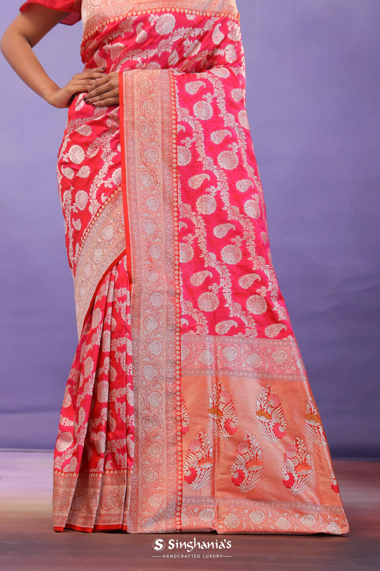 Pink Banarasi Silk Saree With Gold Zari Border And Jaal Design