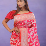 Pink Banarasi Silk Saree With Gold Zari Border And Jaal Design