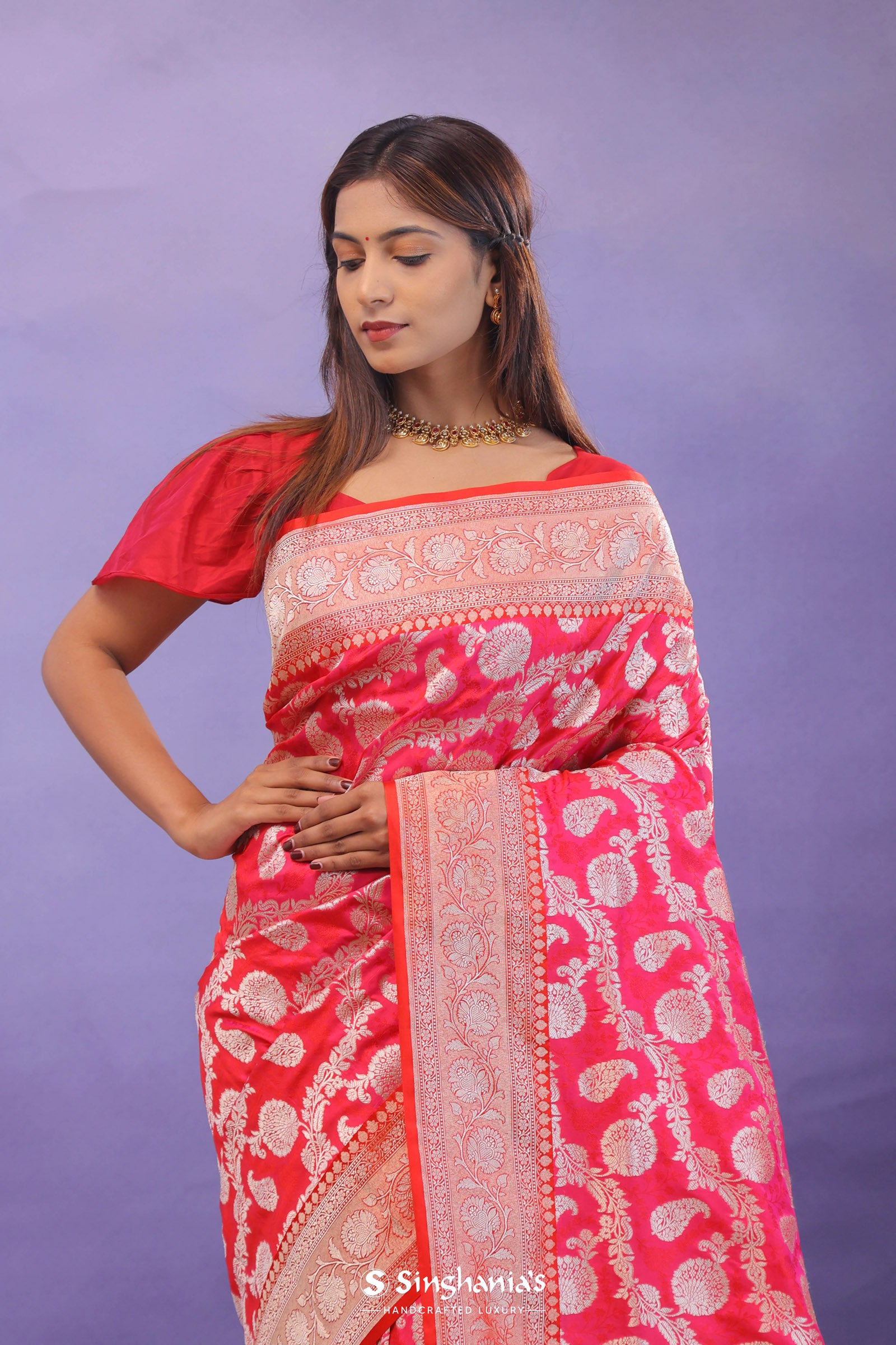 Pink Banarasi Silk Saree With Gold Zari Border And Jaal Design