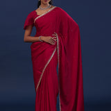 Deep Crimson Red Satin Saree With Cutdana Work