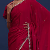 Deep Crimson Red Satin Saree With Cutdana Work