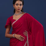 Deep Red Satin Saree With Cutdana Work