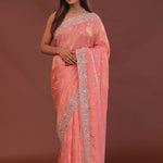 Peach Organza Embroidery Saree Scallop Border