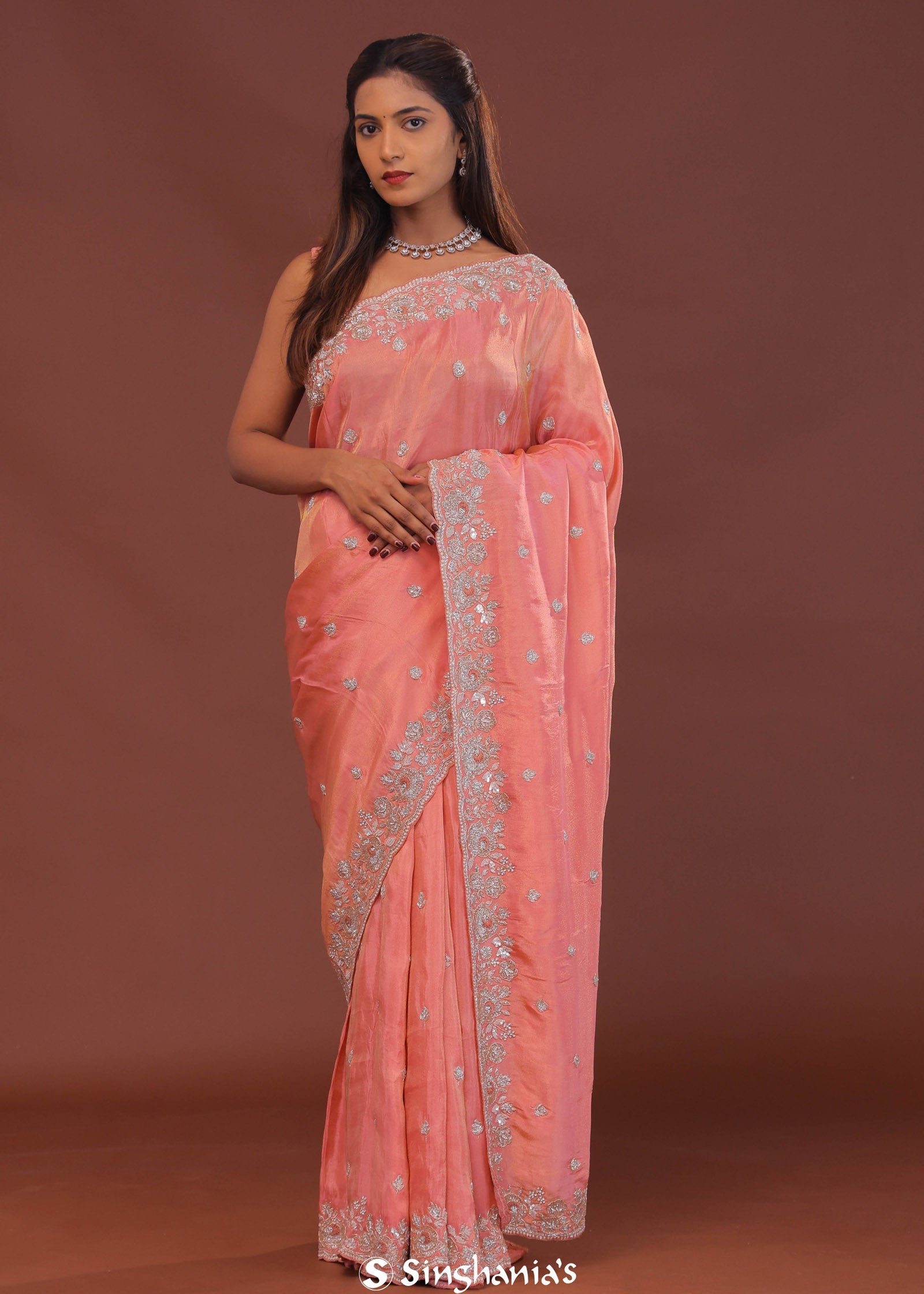 Peach Organza Embroidery Saree Scallop Border