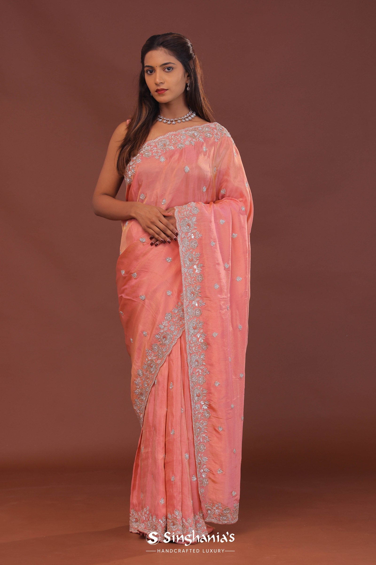 Peach Organza Embroidery Saree Scallop Border