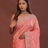 Peach Organza Embroidery Saree Scallop Border