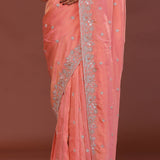 Peach Organza Embroidery Saree Scallop Border