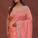 Peach Organza Embroidery Saree Scallop Border