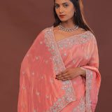Peach Organza Embroidery Saree Scallop Border