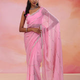Bouquet Pink Organza Saree With Scallop Border