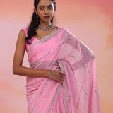 Bouquet Pink Organza Saree With Scallop Border