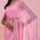 Bouquet Pink Organza Saree With Scallop Border