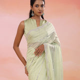 Spanish Green Organza Saree With Scallop Border