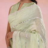Spanish Green Organza Saree With Scallop Border