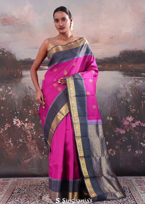 <img> Dark Carnation Pink Kanjivaram Silk Saree With Temple Border