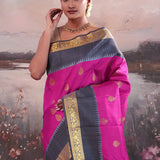 Dark Carnation Pink Kanjivaram Silk Saree With Temple Border