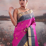 Dark Carnation Pink Kanjivaram Silk Saree With Temple Border