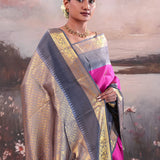 Dark Carnation Pink Kanjivaram Silk Saree With Temple Border