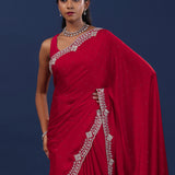 Deep Red Satin Saree With Stone Work