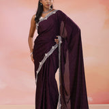 Very Dark Wine Georgette Saree With Scallop Border