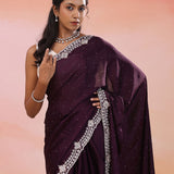 Very Dark Wine Georgette Saree With Scallop Border