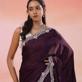 Very Dark Wine Georgette Saree With Scallop Border