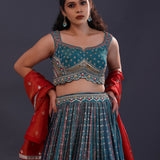 Emerald Green Chinon Silk Embroidered Lehenga Set