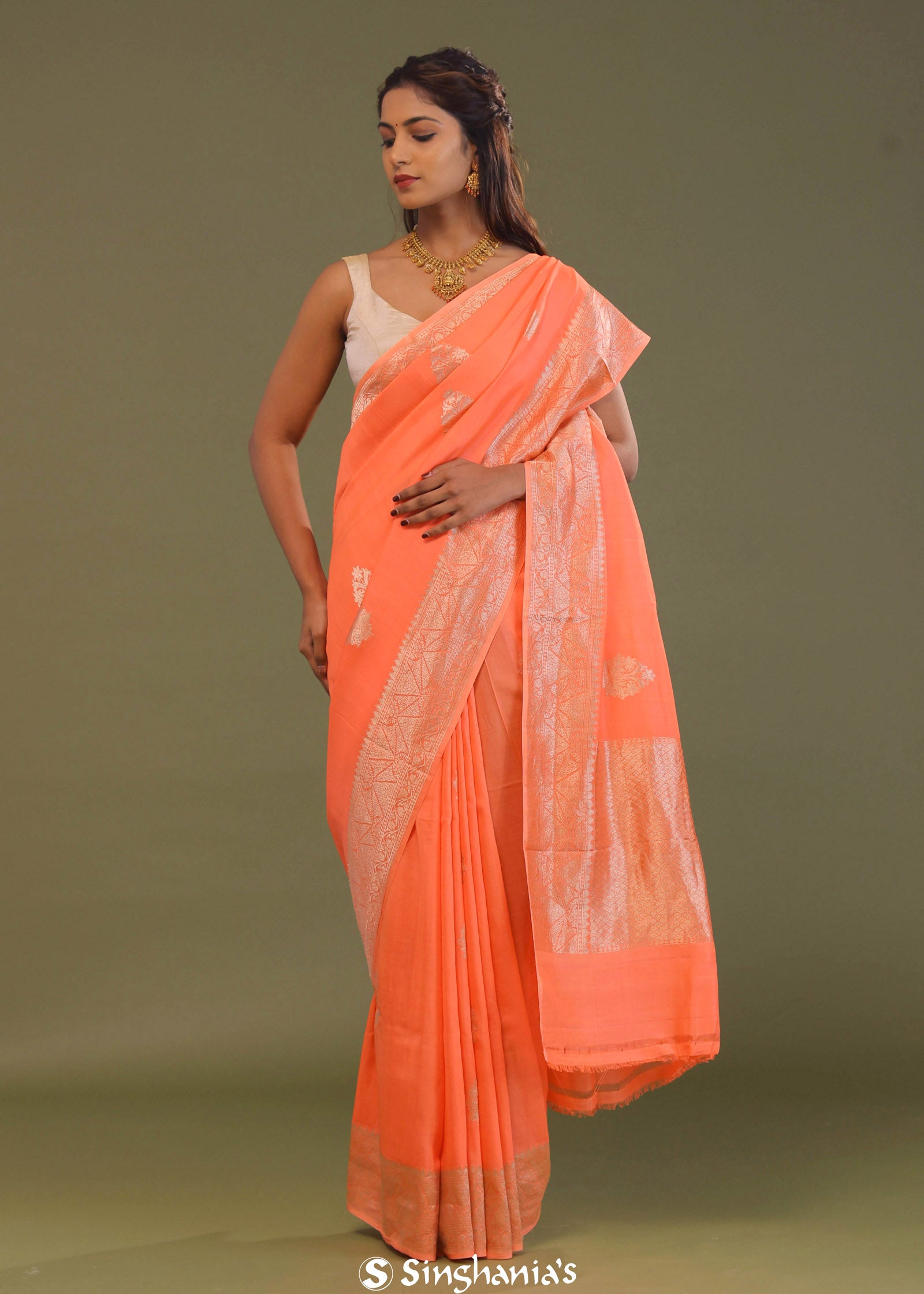 Orange Kota Saree With Butta'S And Temple Border Design