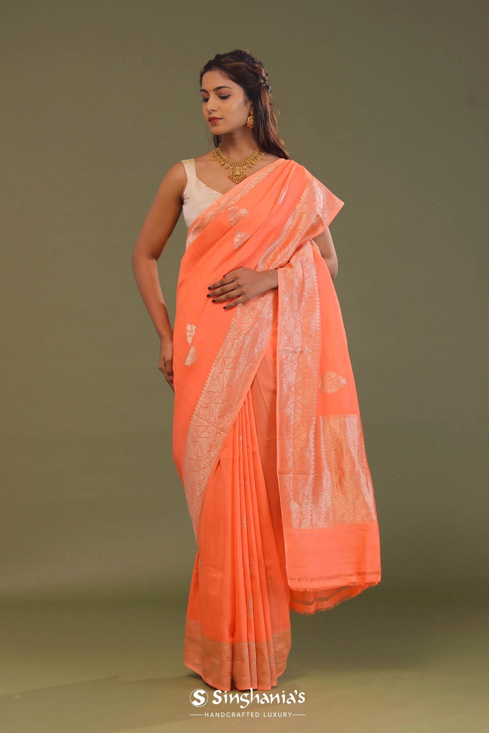 Orange Kota Saree With Butta'S And Temple Border Design