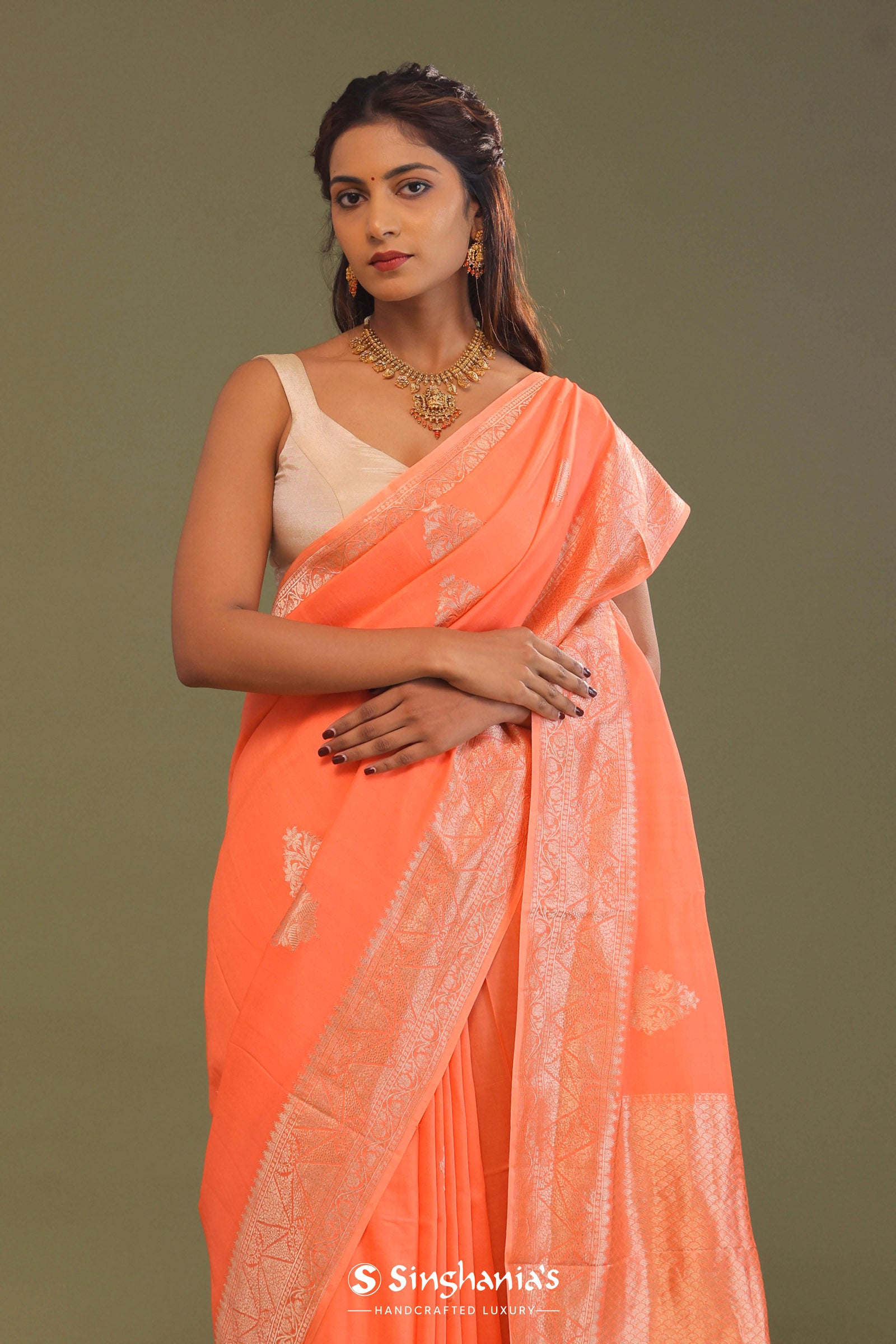 Orange Kota Saree With Butta'S And Temple Border Design