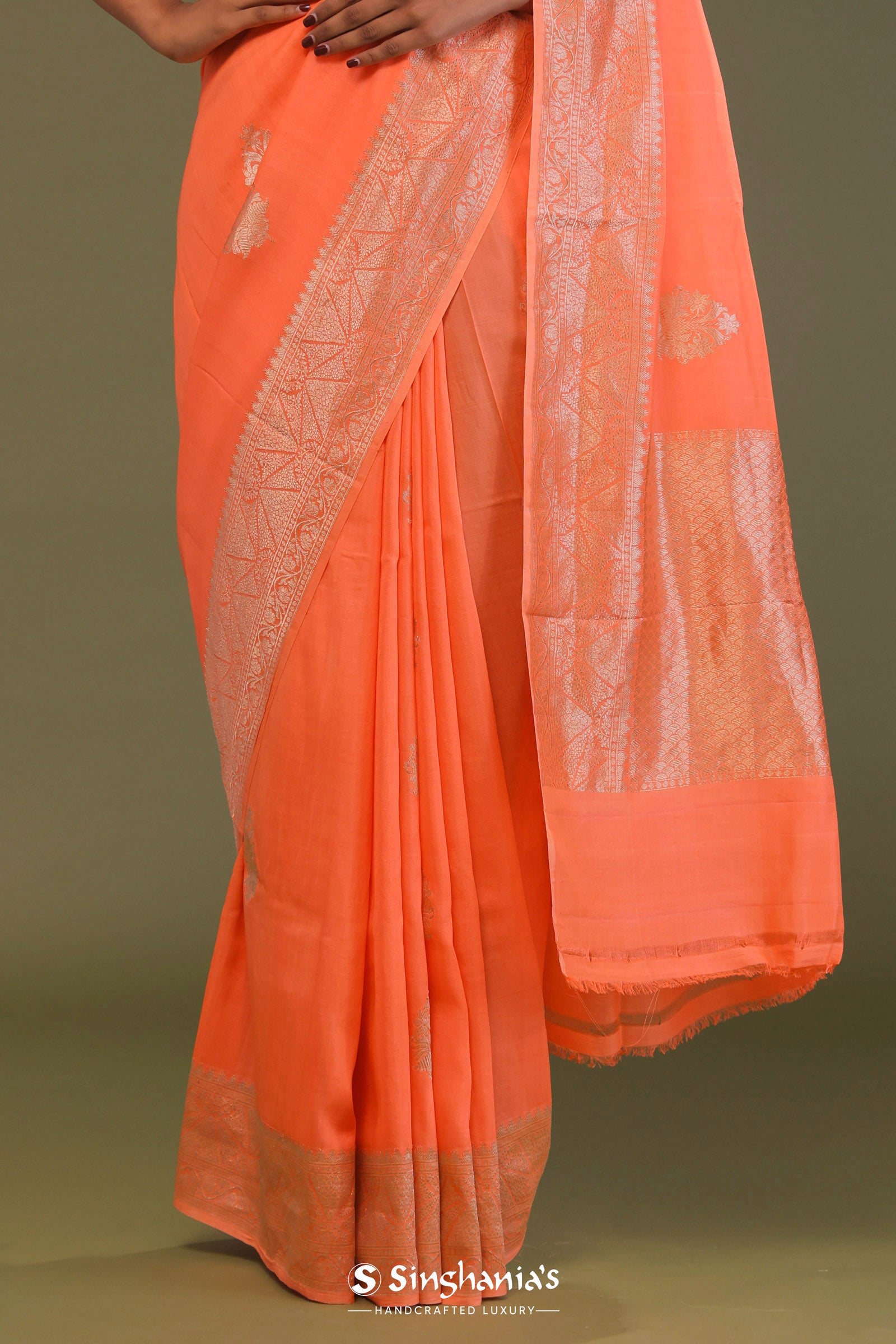 Orange Kota Saree With Butta'S And Temple Border Design