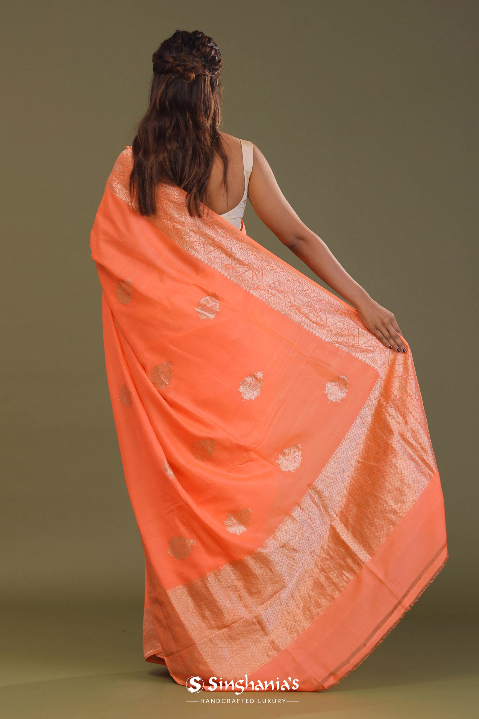 Orange Kota Saree With Butta'S And Temple Border Design