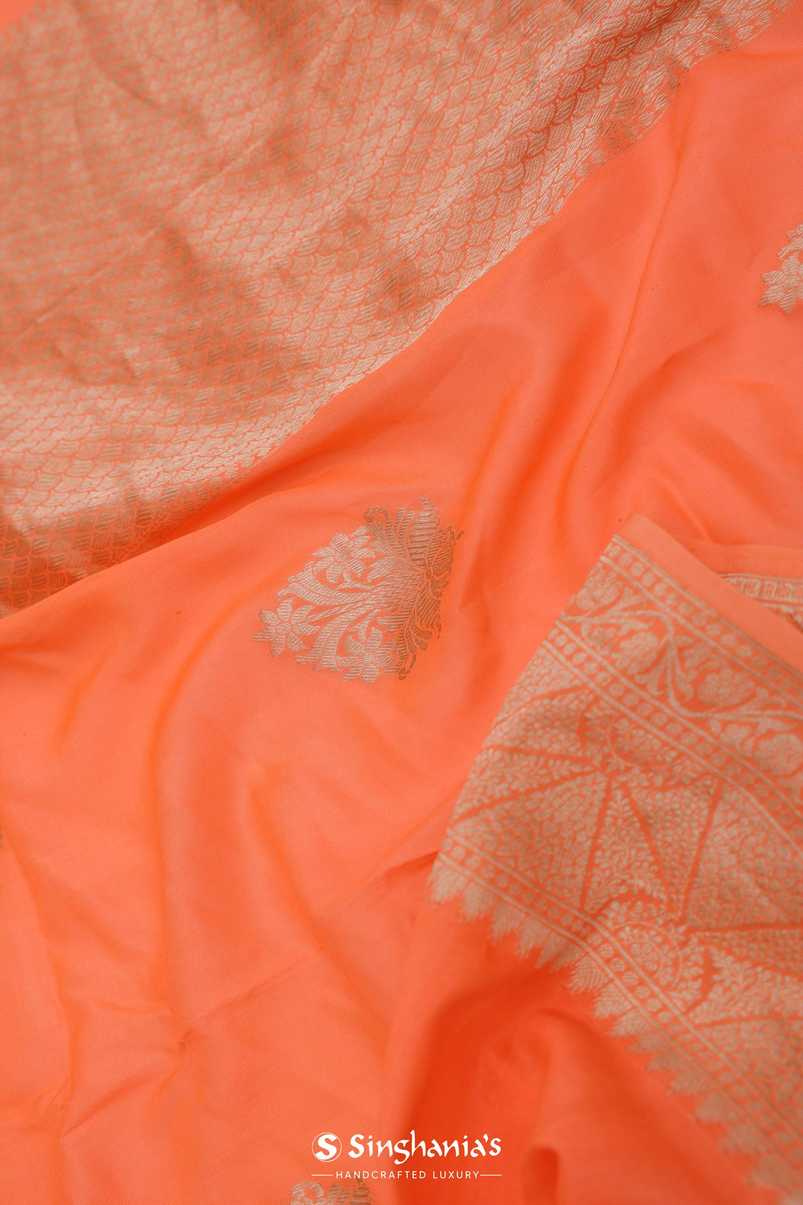 Orange Kota Saree With Butta'S And Temple Border Design