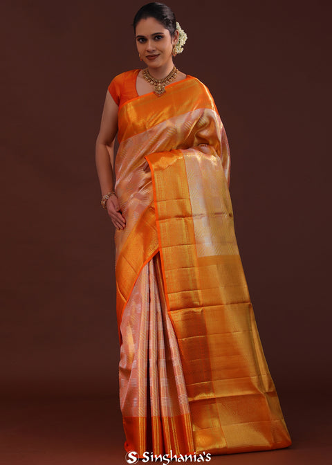 <img> Peach Kanjivaram Tissue Saree With Contrast Border