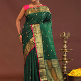Bottle Green Kanjivaram Saree With Gold Zari Border