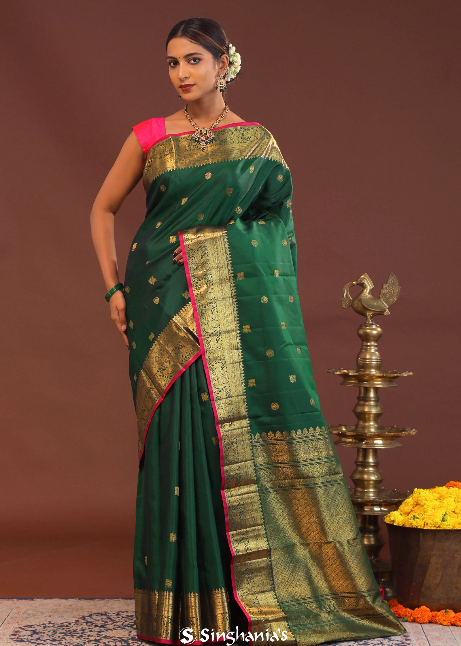 Bottle Green Kanjivaram Saree With Gold Zari Border