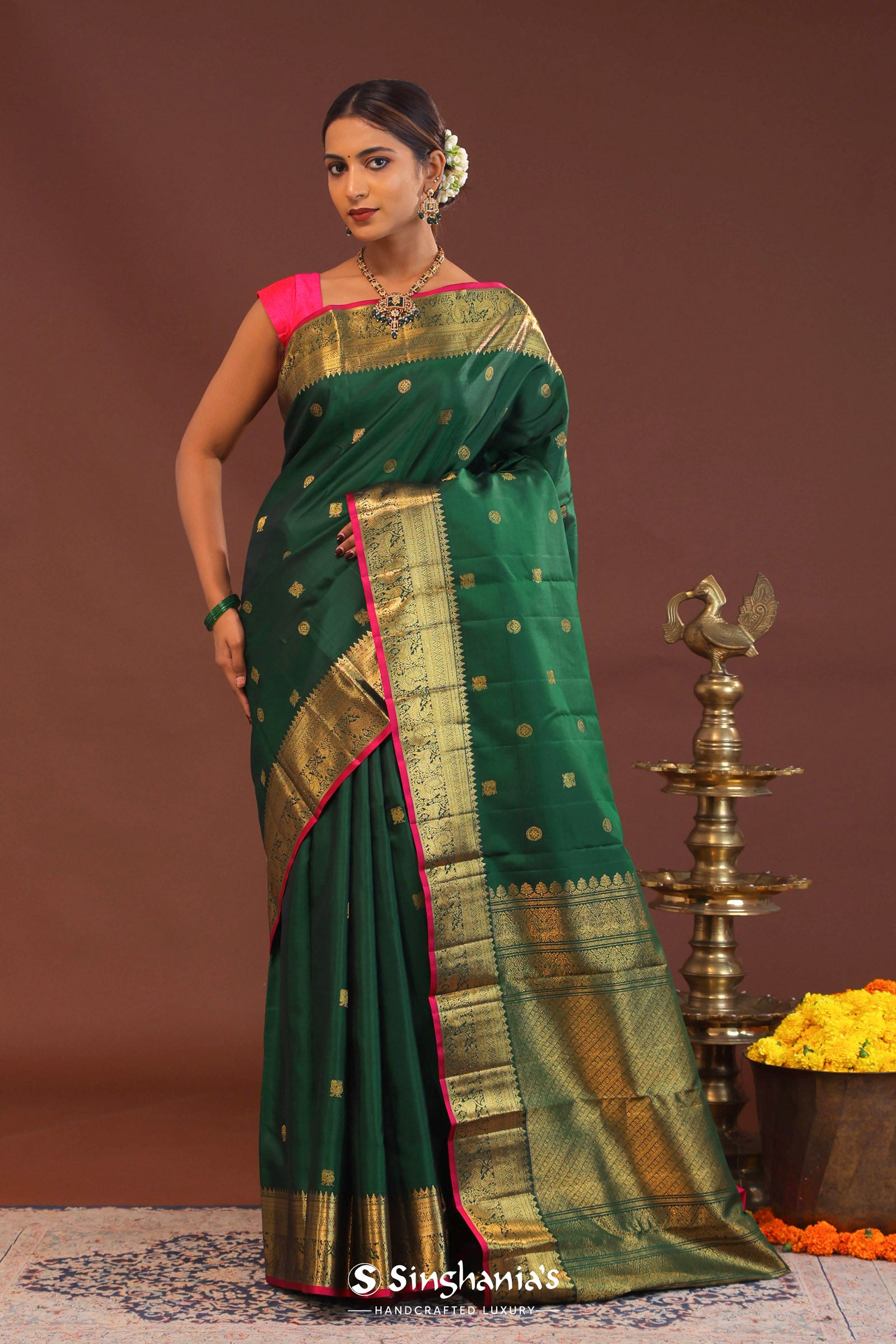 Bottle Green Kanjivaram Saree With Gold Zari Border