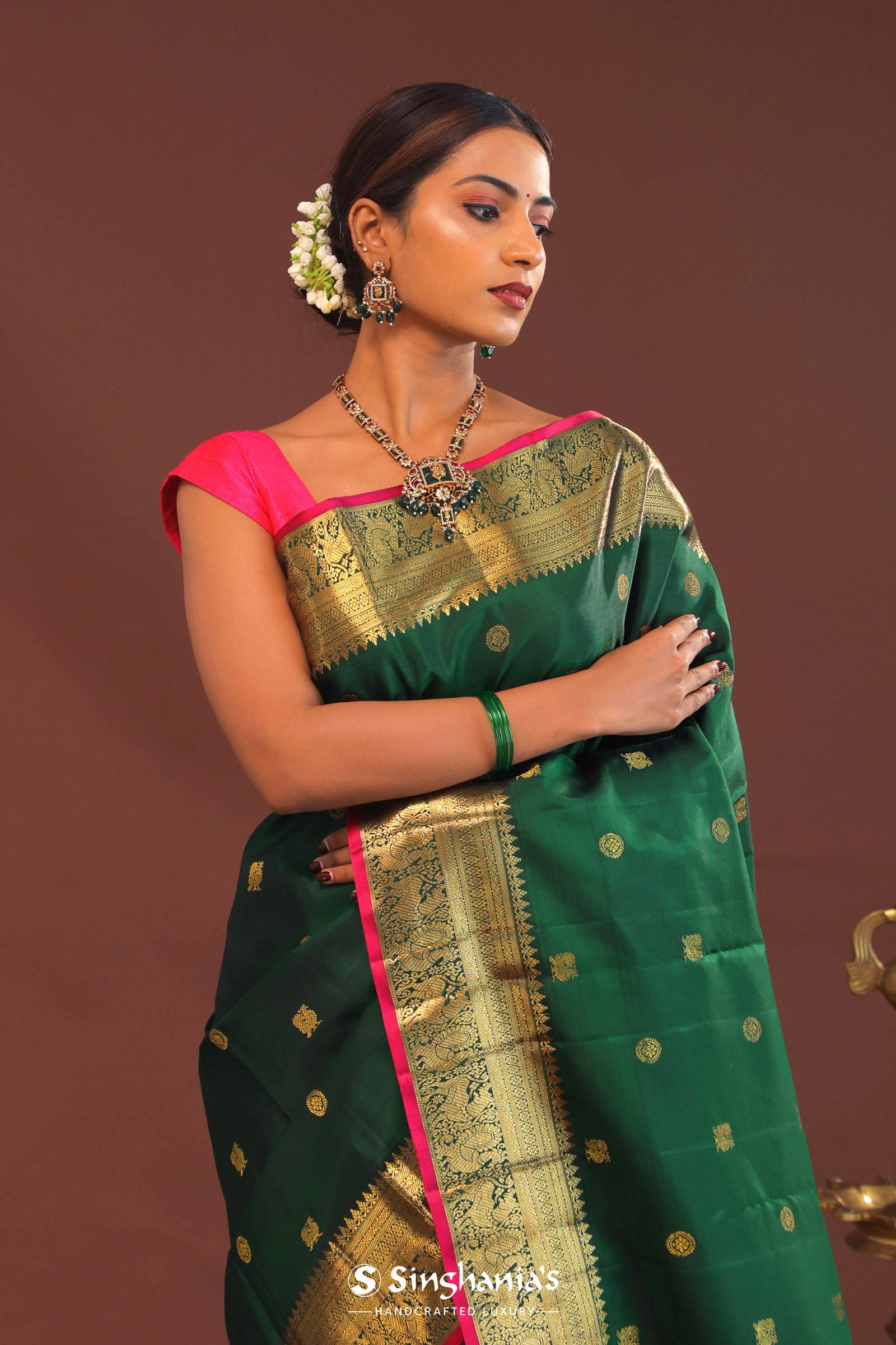 Bottle Green Kanjivaram Saree With Gold Zari Border