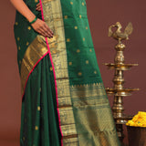 Bottle Green Kanjivaram Saree With Gold Zari Border