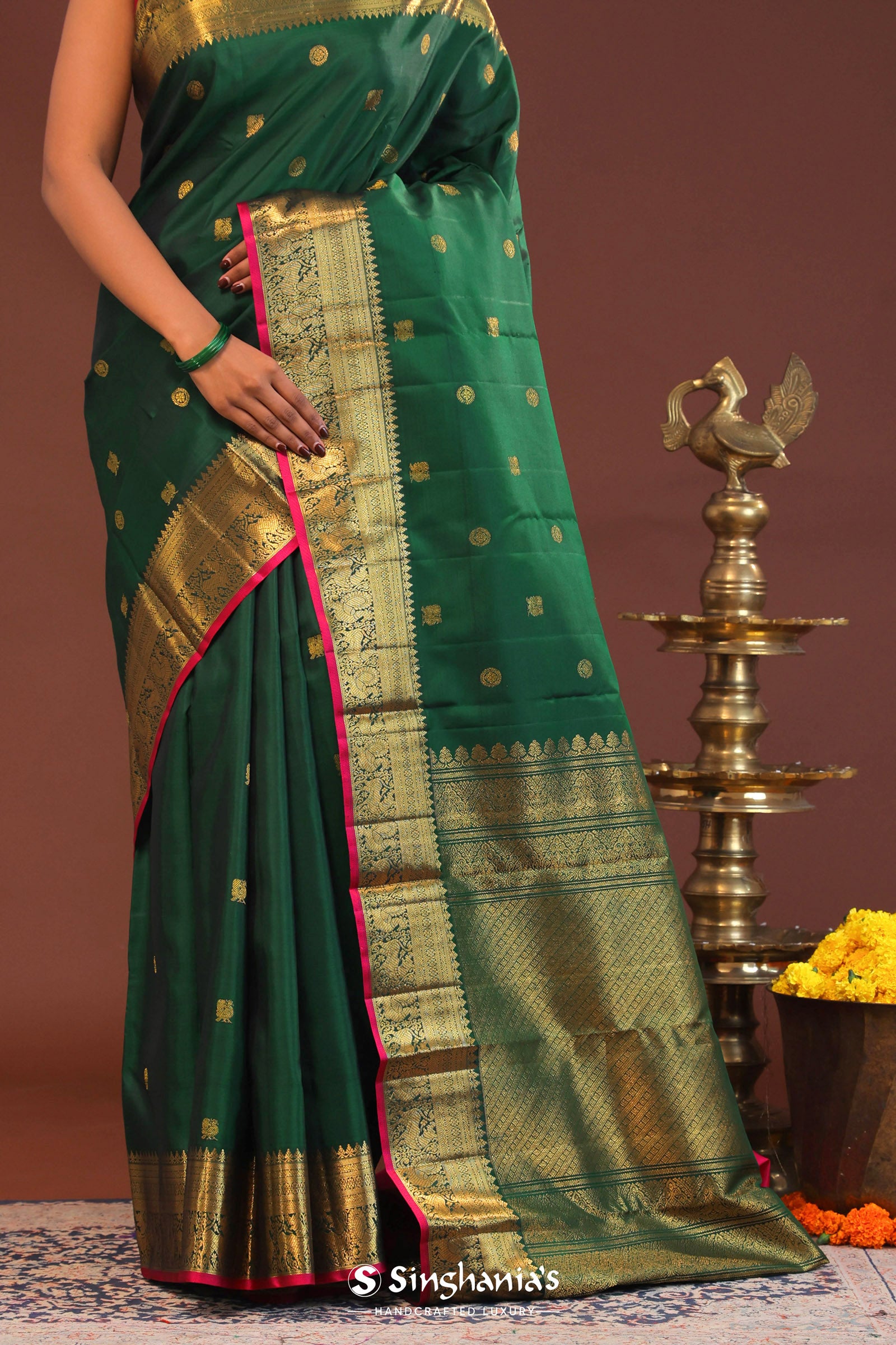 Bottle Green Kanjivaram Saree With Gold Zari Border