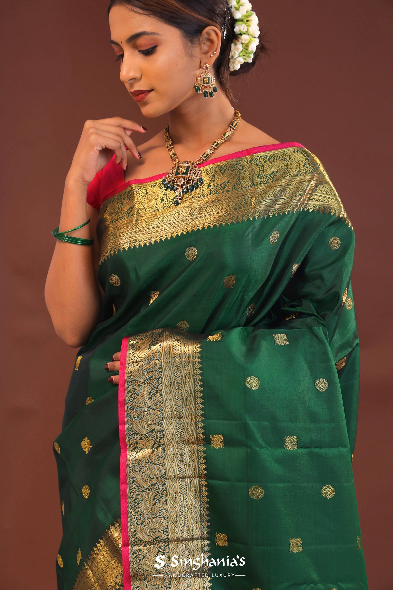 Bottle Green Kanjivaram Saree With Gold Zari Border