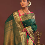 Bottle Green Kanjivaram Saree With Gold Zari Border
